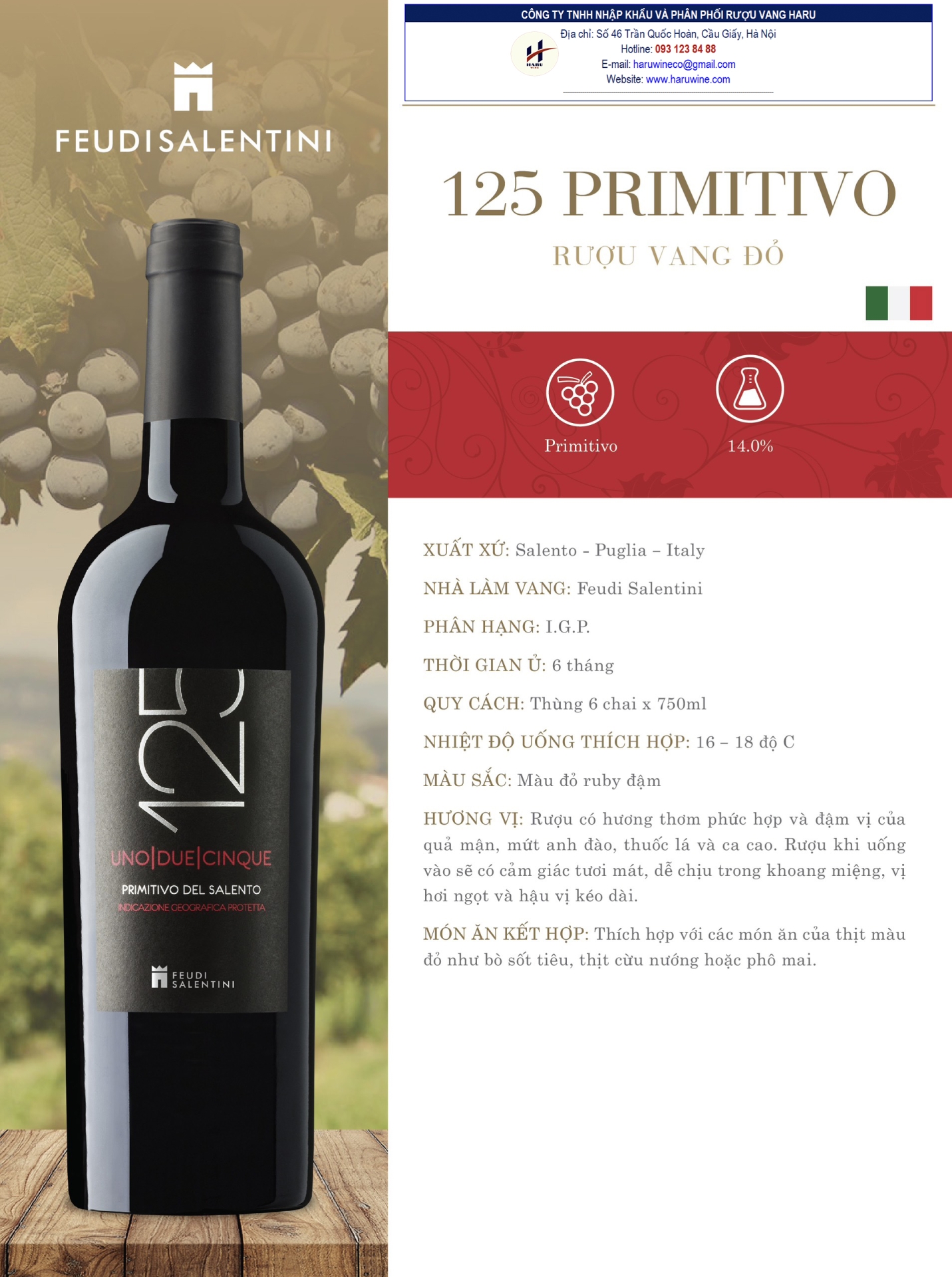Rượu vang đỏ 125 Primitivo