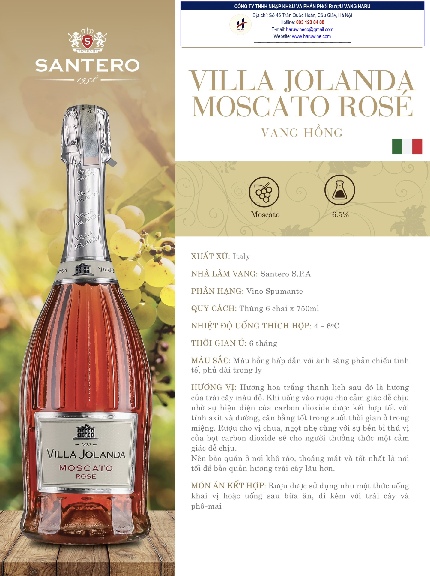 Rượu vang hồng Villa jolanda moscato rose