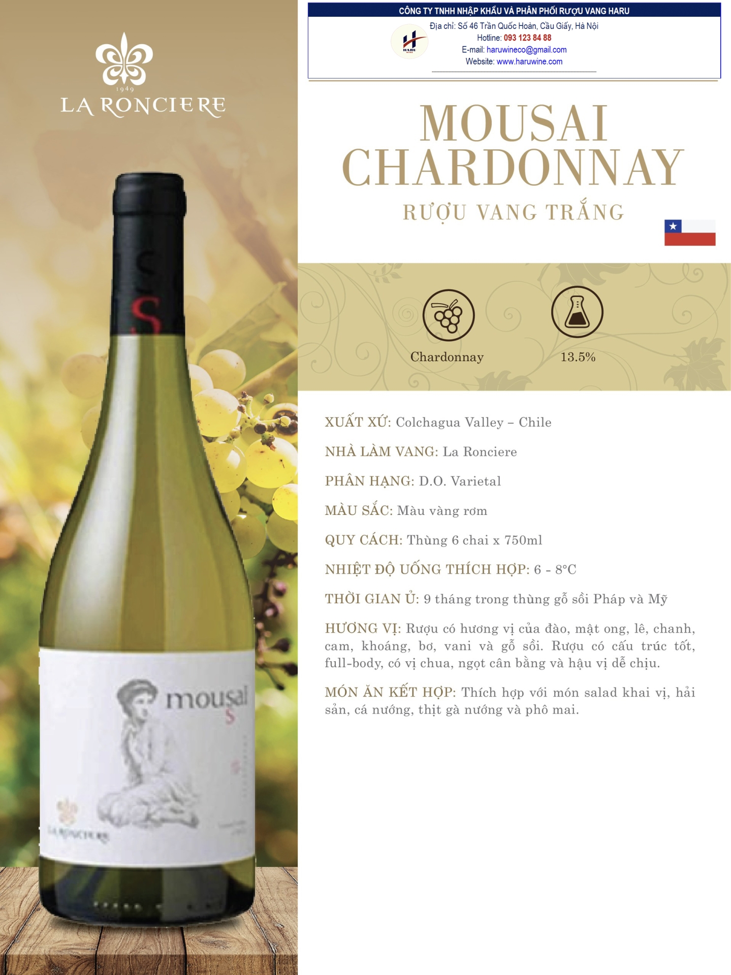 Rượu vang trắng Mousai chardonnay